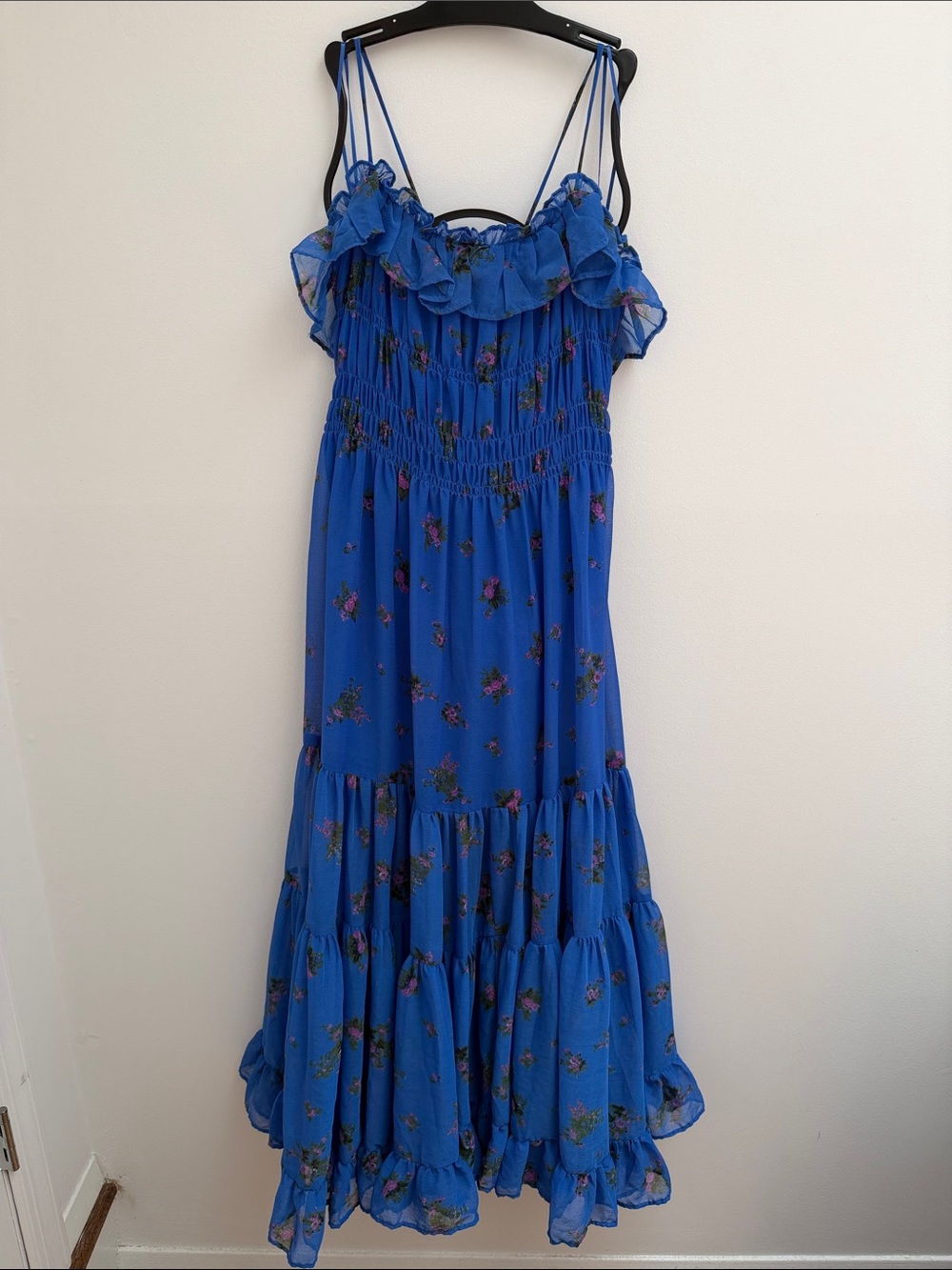 NWT Free People Blue Floral Maxi Dress with Ruffle Neckline